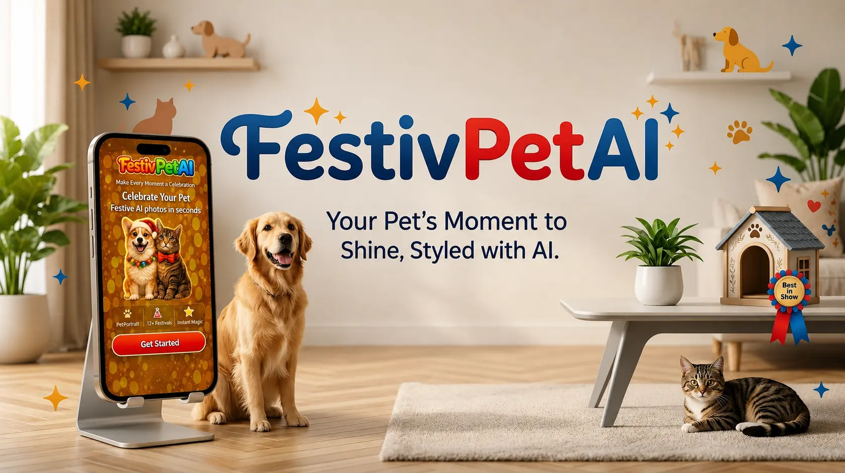 An AI-generated Diwali pet portrait of a dog and cat in traditional festive attire with warm lights